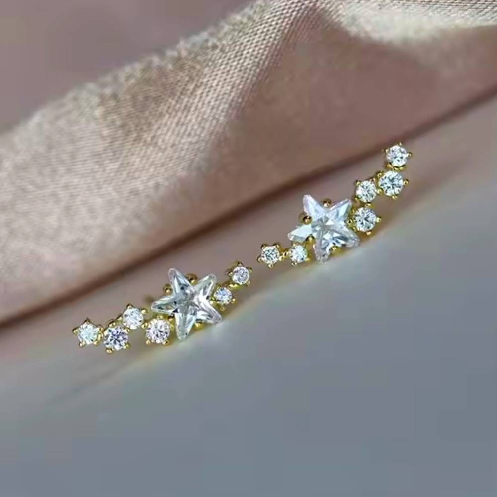 18K Gold Diamond Star And Star Accented Climber Stud Earrings